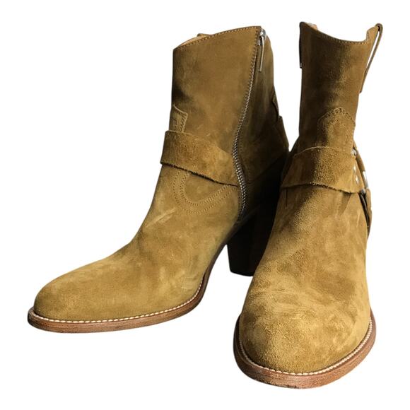 Saint Laurent‎ Ankle Zip Up Booties Women 40 Mustard Yellow Suede 3.5 Wood Heel